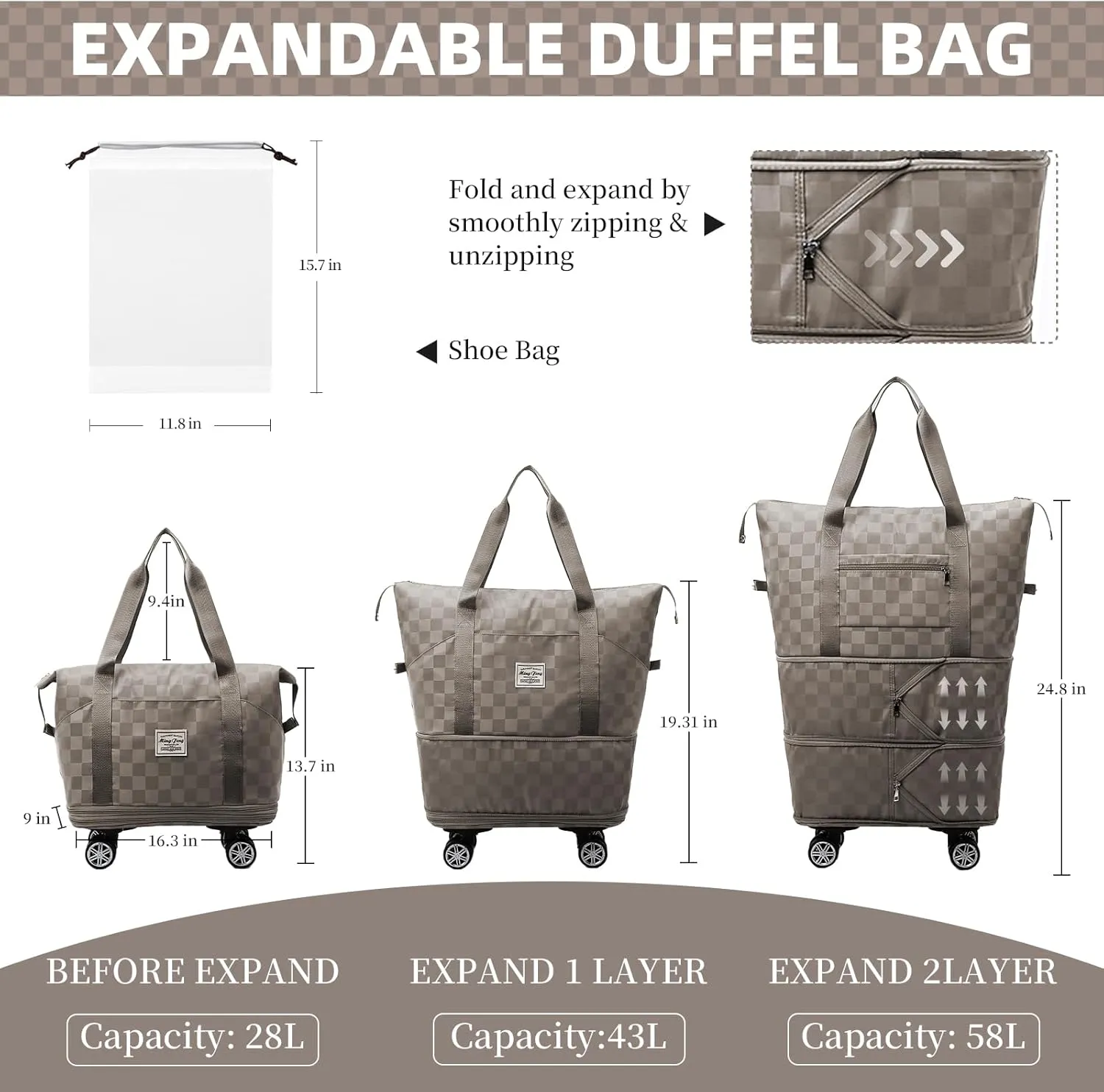 Rolling Duffle Bag with Wheels and Shoe Bag Expandable Foldable Travel Duffel Bag Checkerboard Carry on Luggage Bag Weekender Bag for Men Women