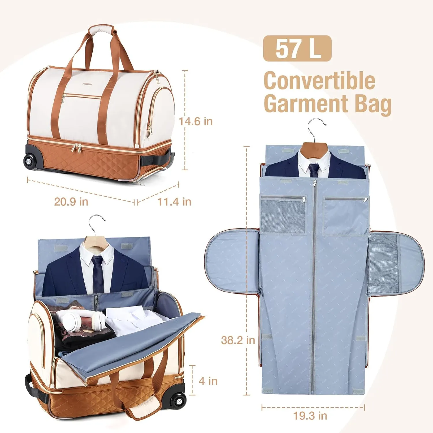 Rolling Garment Bag for Travel - Convertible Duffel Bag with Wheels & Shoes Compartment, Carry on Suit Luggage Bag (Beige)