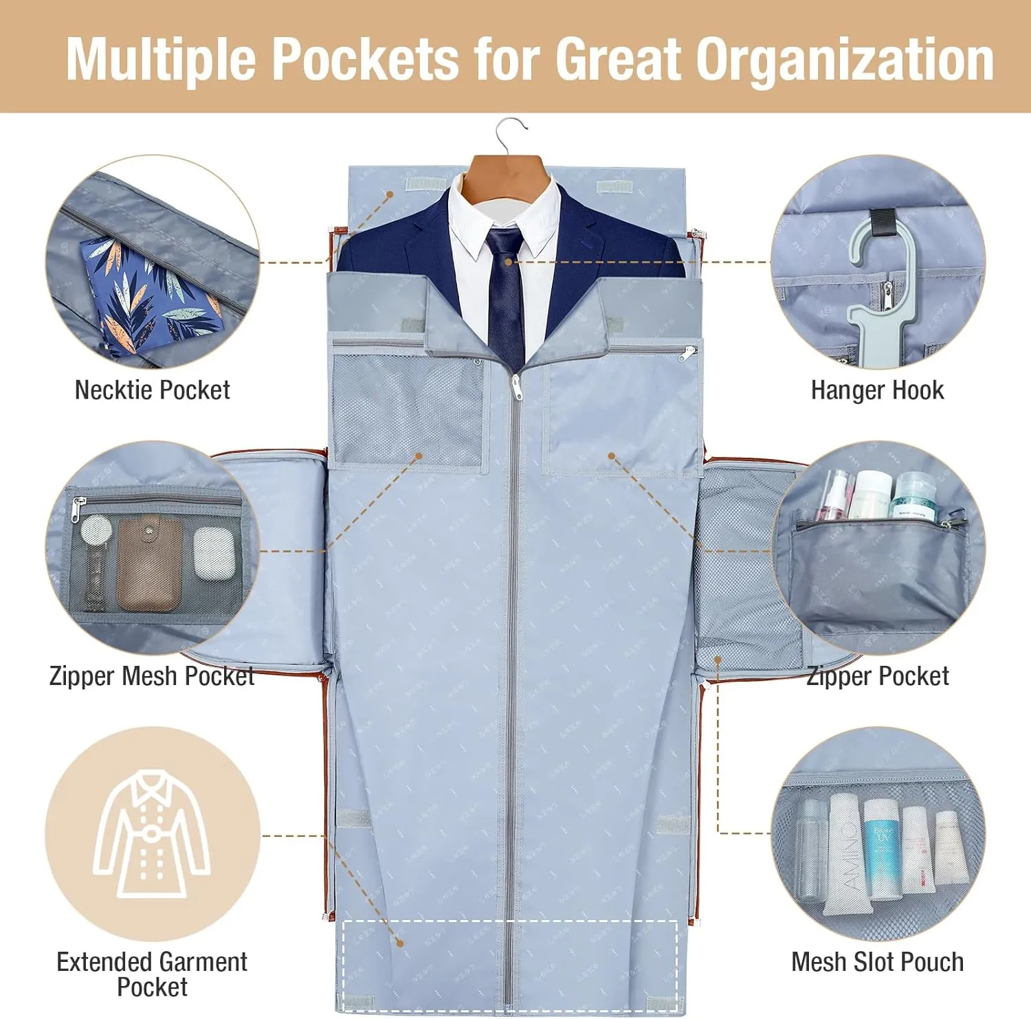 Rolling Garment Bag for Travel - Convertible Duffel Bag with Wheels & Shoes Compartment, Carry on Suit Luggage Bag (Beige)