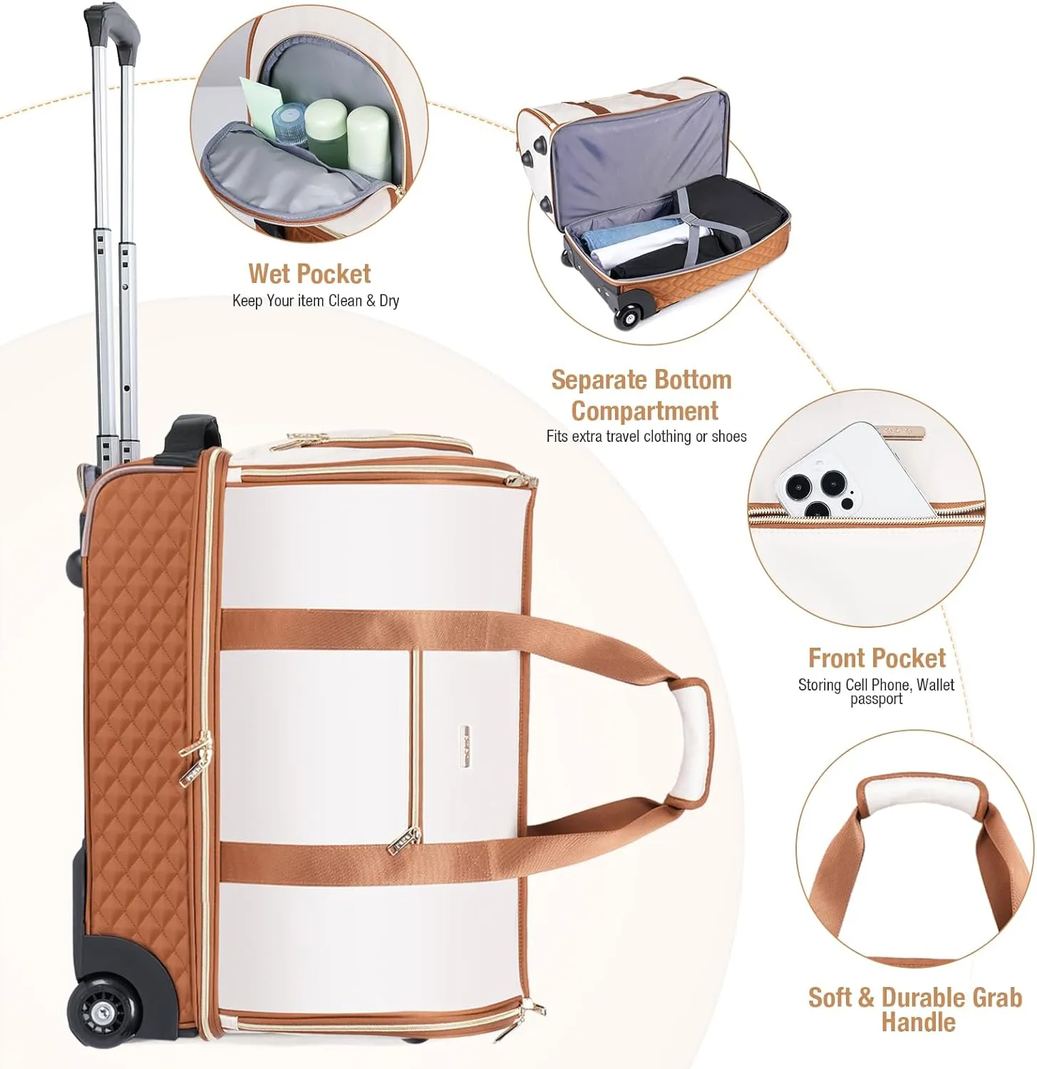 Rolling Garment Bag for Travel - Convertible Duffel Bag with Wheels & Shoes Compartment, Carry on Suit Luggage Bag (Beige)