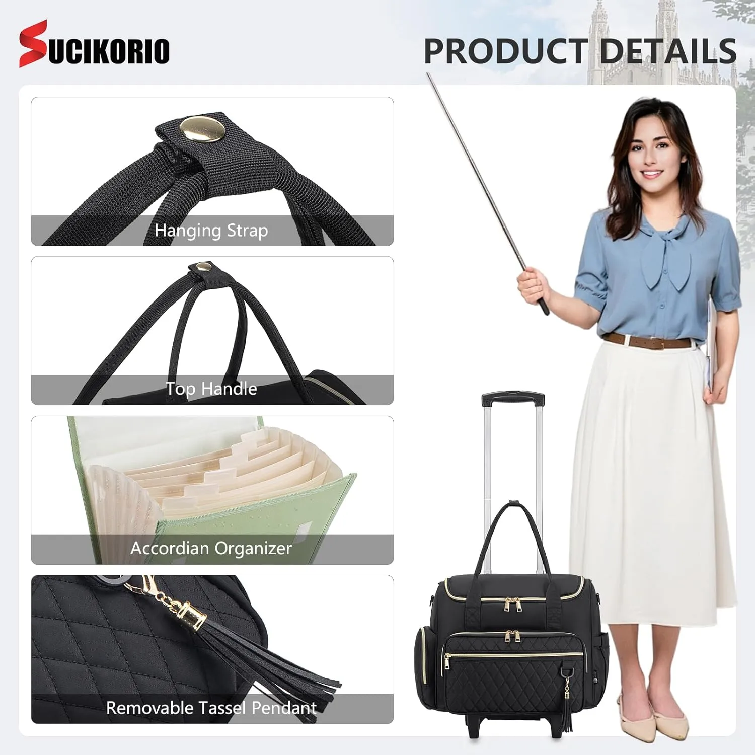 Rolling Laptop Bag 17.3 Inch 3 IN 1 Rolling Briefcase for Women Waterproof Teacher Tote Bag With Wheels