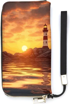 Sea Lighthouse in Sunset Wallet Large Capacity Clutch Cash PursePU Leather Long Zipper Pouch Wallet Unisex