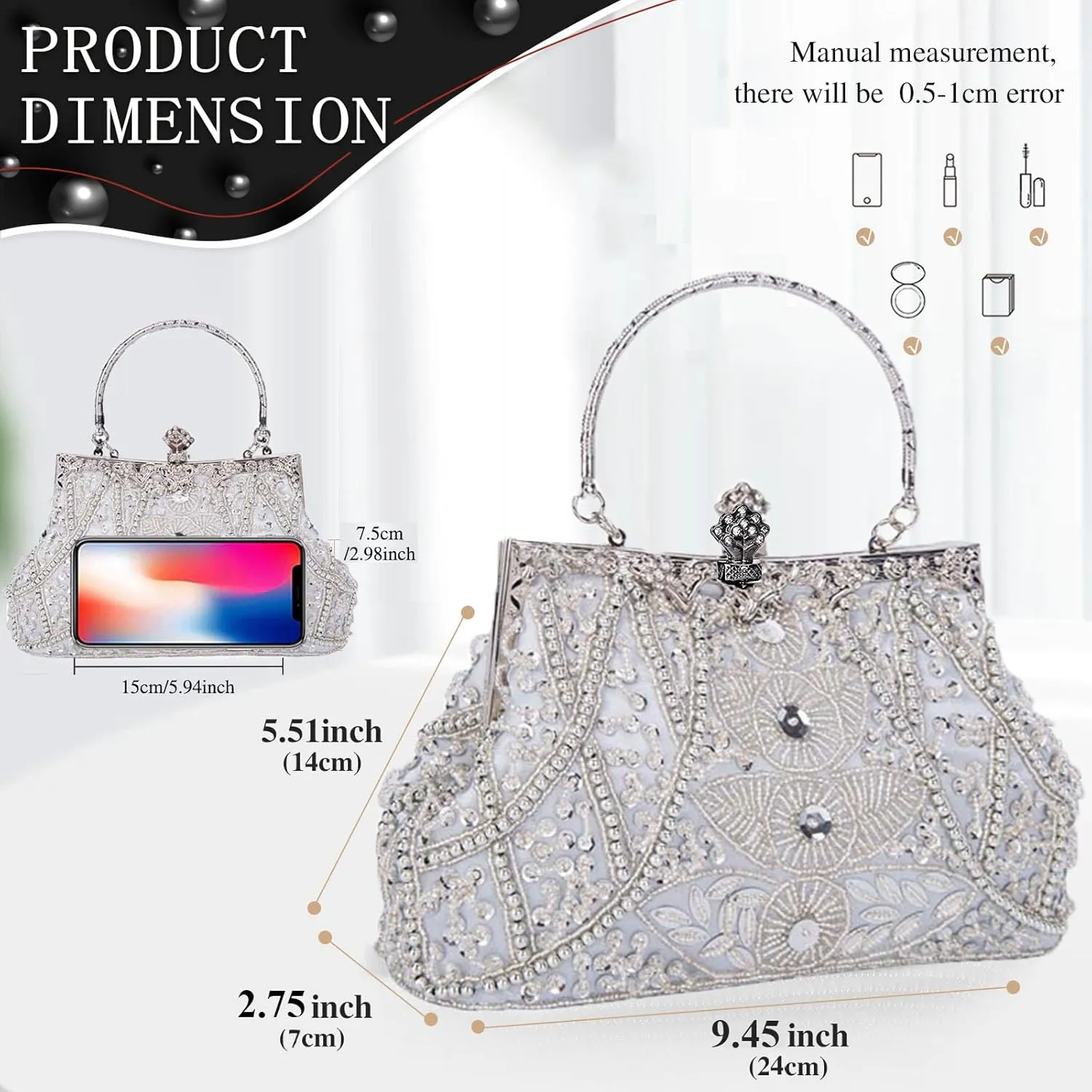 Selighting 1920s Vintage Beaded Clutch Evening Bags for Women Formal Bridal Wedding Clutch Purse Prom Cocktail Party Handbags