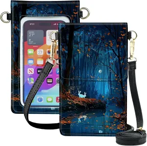 Small Crossbody Bag Cell Phone Purse for Women Men, Maple Moonlight Rabbit Touch Screen Phone Bag PU Leather Mini Adjustable Strap Bag Double Pockets Wallet Case for All Smartphones