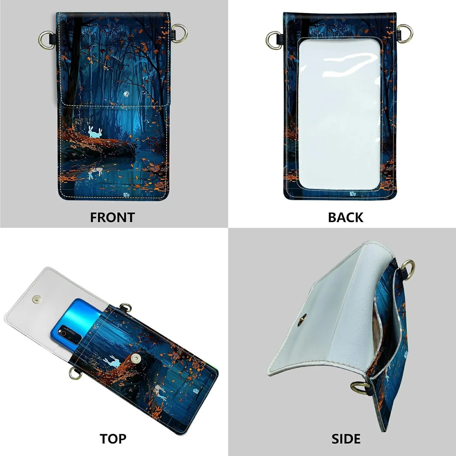 Small Crossbody Bag Cell Phone Purse for Women Men, Maple Moonlight Rabbit Touch Screen Phone Bag PU Leather Mini Adjustable Strap Bag Double Pockets Wallet Case for All Smartphones