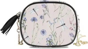 Small Crossbody Bag Meadow Flowers with Dragonfly Womens Shoulder Chain Bag PU Leather Small Purse With Tassel