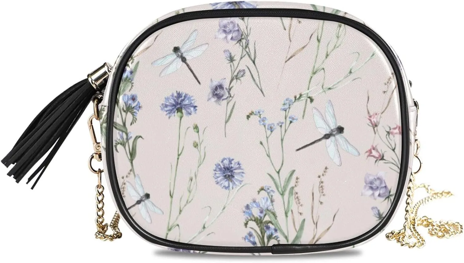 Small Crossbody Bag Meadow Flowers with Dragonfly Womens Shoulder Chain Bag PU Leather Small Purse With Tassel