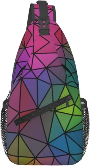 Small Sling Bags For Men Women Unisex Lightweight,Rainbow Geometric Mosaic Crystal Shoulder Backpack Small Crossbody Chest Sling Travel Hiking Walking Cycling Casual Daypack with Adjustable Strap