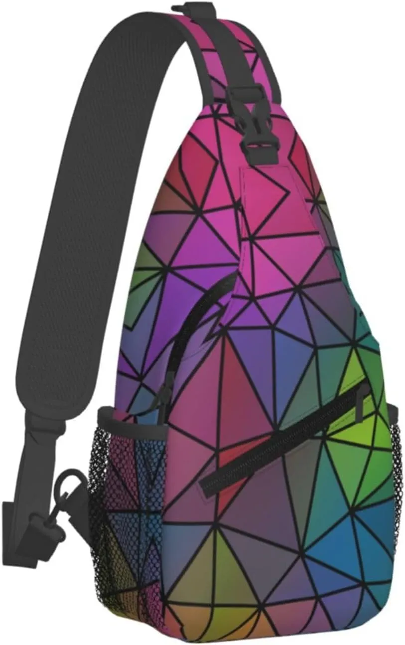 Small Sling Bags For Men Women Unisex Lightweight,Rainbow Geometric Mosaic Crystal Shoulder Backpack Small Crossbody Chest Sling Travel Hiking Walking Cycling Casual Daypack with Adjustable Strap