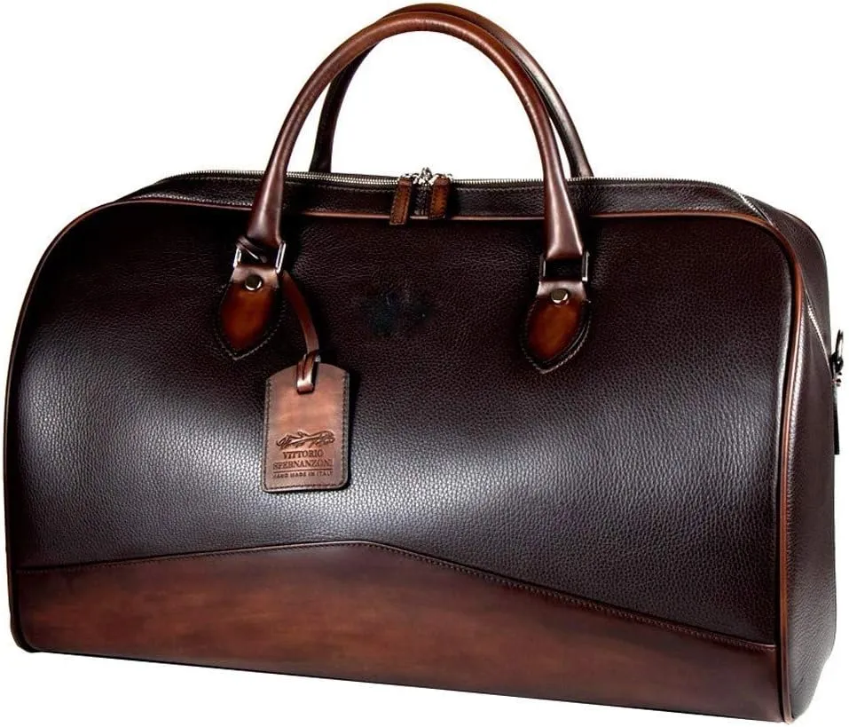 Spernanzoni Luxe Italian Leather Boston Cabin Duffel Bag Black/Antique Espresso