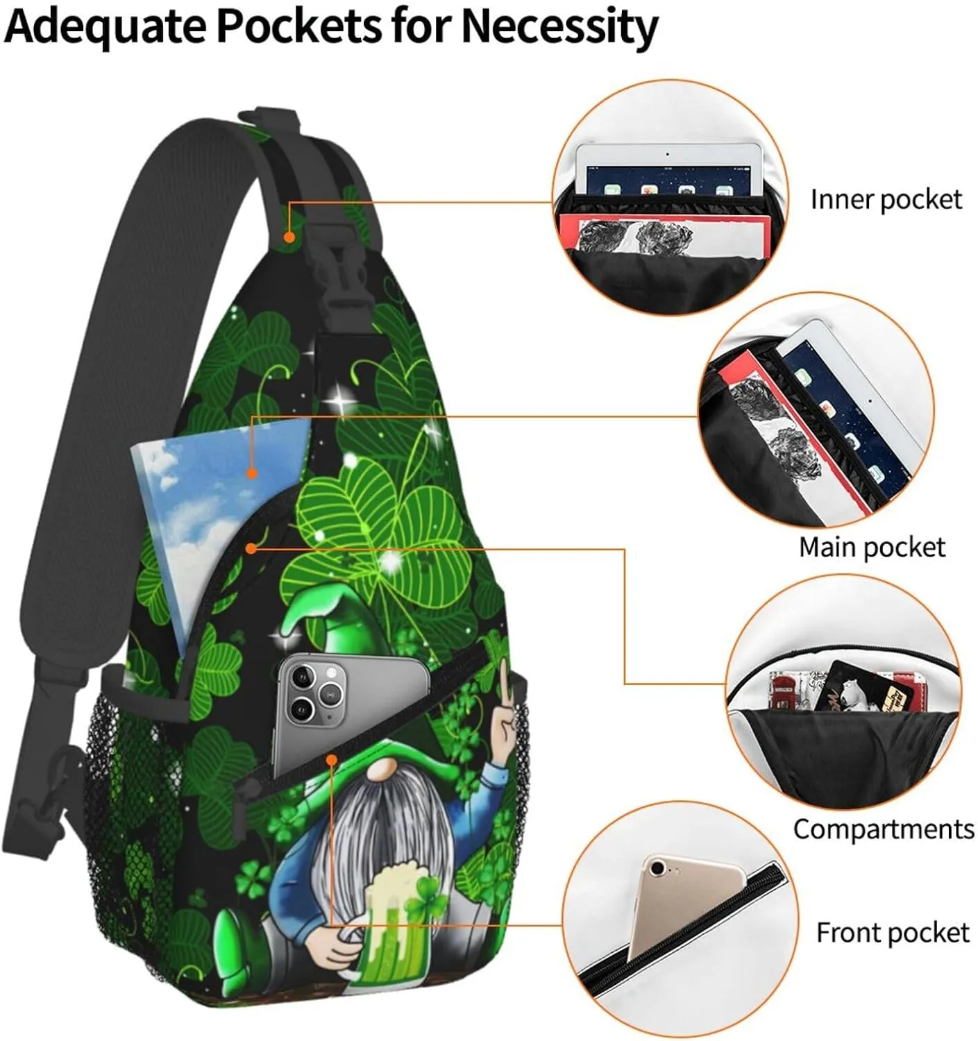 St Patrick'S Day Gnome Crossbody Sling Backpack For Women Men, Fashion Adjustable Lucky Clover Chest Bag Green Shoulder Bag Sling Bag For Sport Travel Hiking Daypack