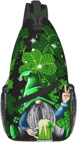 St Patrick'S Day Gnome Crossbody Sling Backpack For Women Men, Fashion Adjustable Lucky Clover Chest Bag Green Shoulder Bag Sling Bag For Sport Travel Hiking Daypack