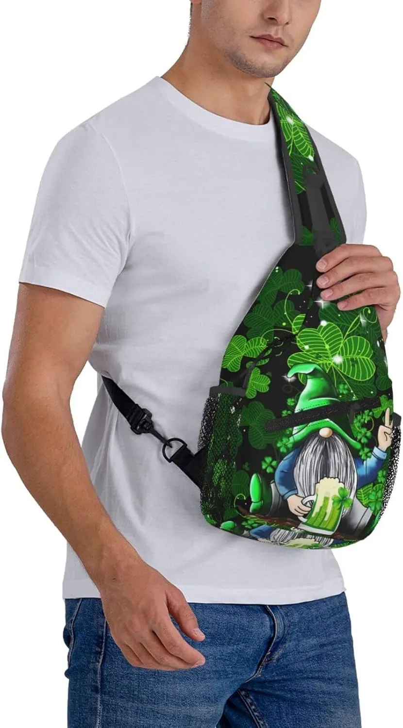 St Patrick'S Day Gnome Crossbody Sling Backpack For Women Men, Fashion Adjustable Lucky Clover Chest Bag Green Shoulder Bag Sling Bag For Sport Travel Hiking Daypack