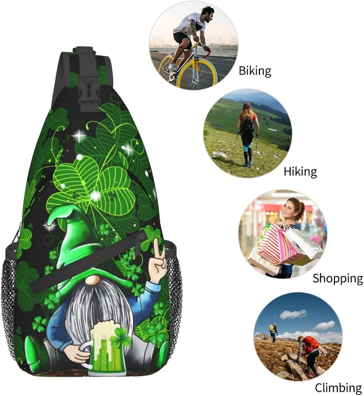 St Patrick'S Day Gnome Crossbody Sling Backpack For Women Men, Fashion Adjustable Lucky Clover Chest Bag Green Shoulder Bag Sling Bag For Sport Travel Hiking Daypack