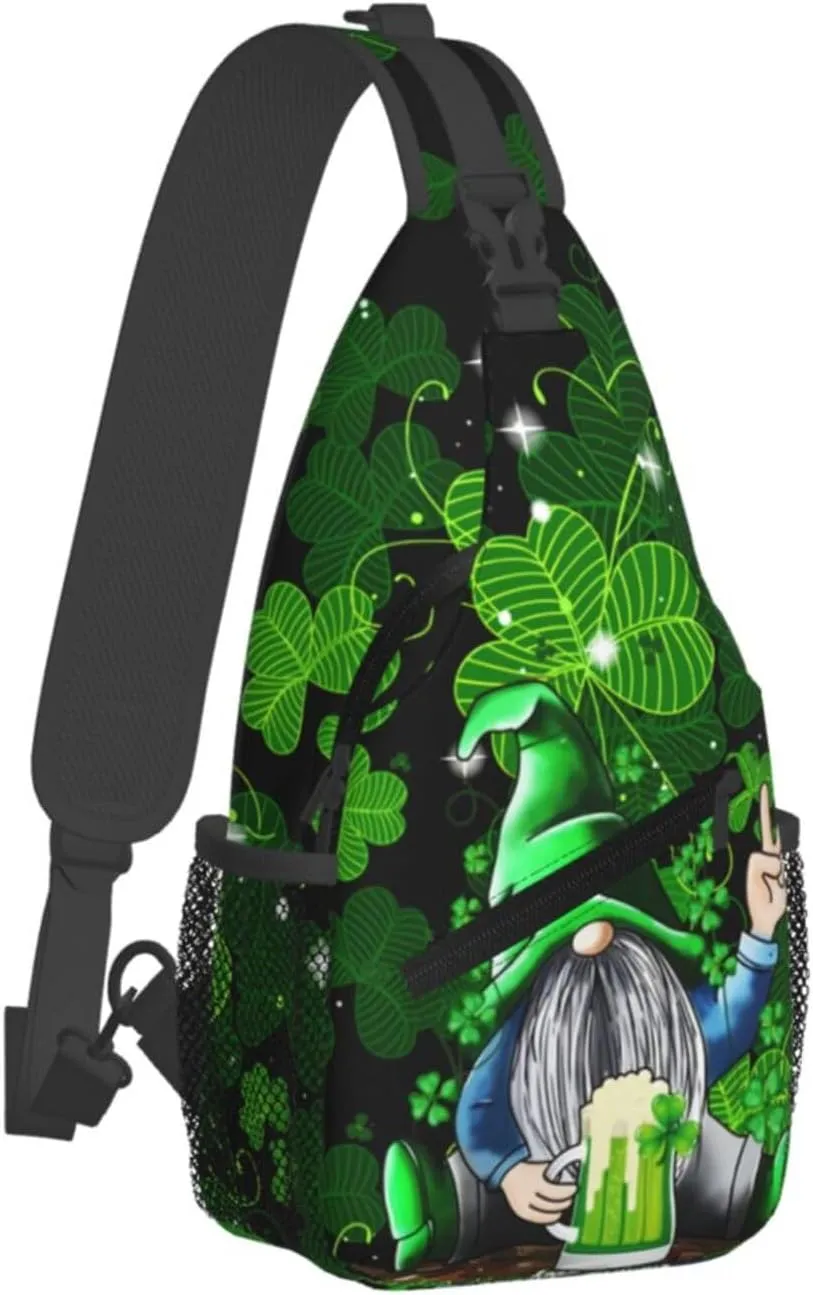 St Patrick'S Day Gnome Crossbody Sling Backpack For Women Men, Fashion Adjustable Lucky Clover Chest Bag Green Shoulder Bag Sling Bag For Sport Travel Hiking Daypack