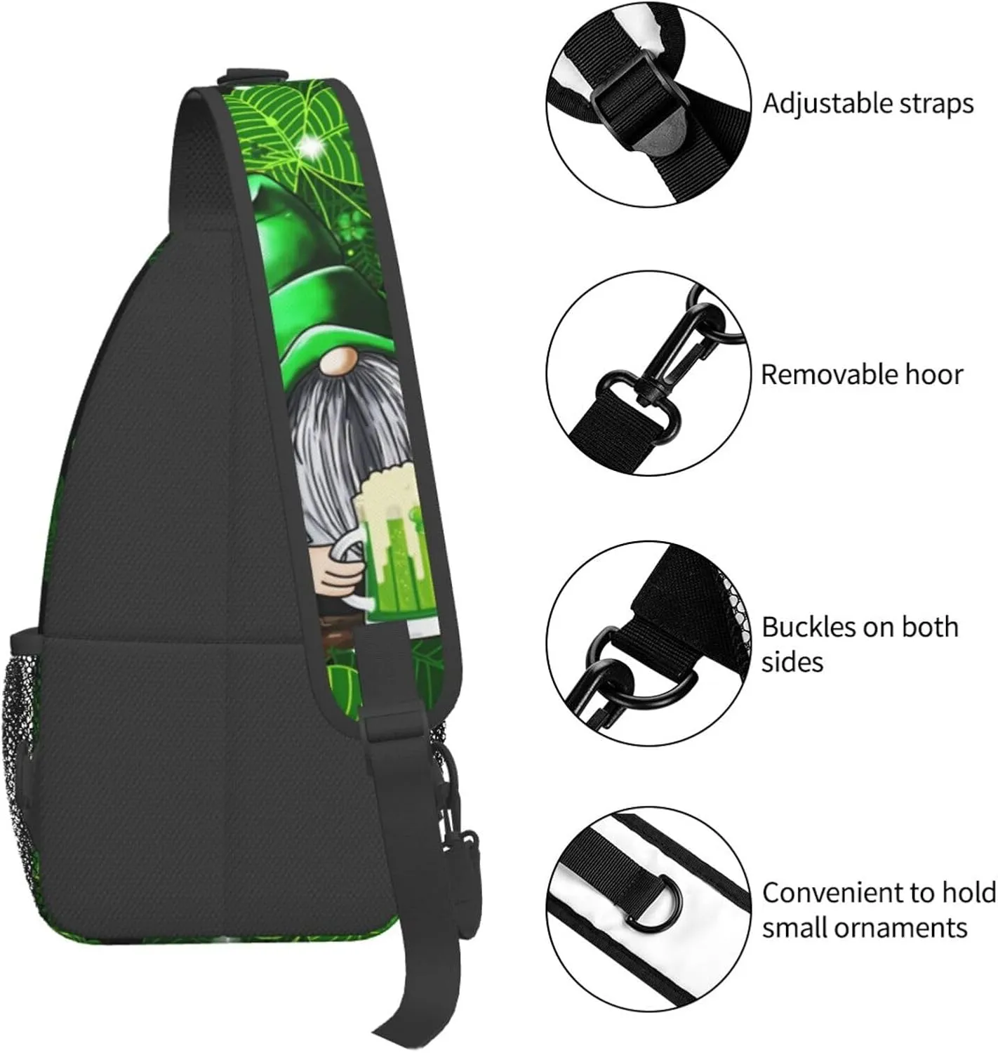 St Patrick'S Day Gnome Crossbody Sling Backpack For Women Men, Fashion Adjustable Lucky Clover Chest Bag Green Shoulder Bag Sling Bag For Sport Travel Hiking Daypack