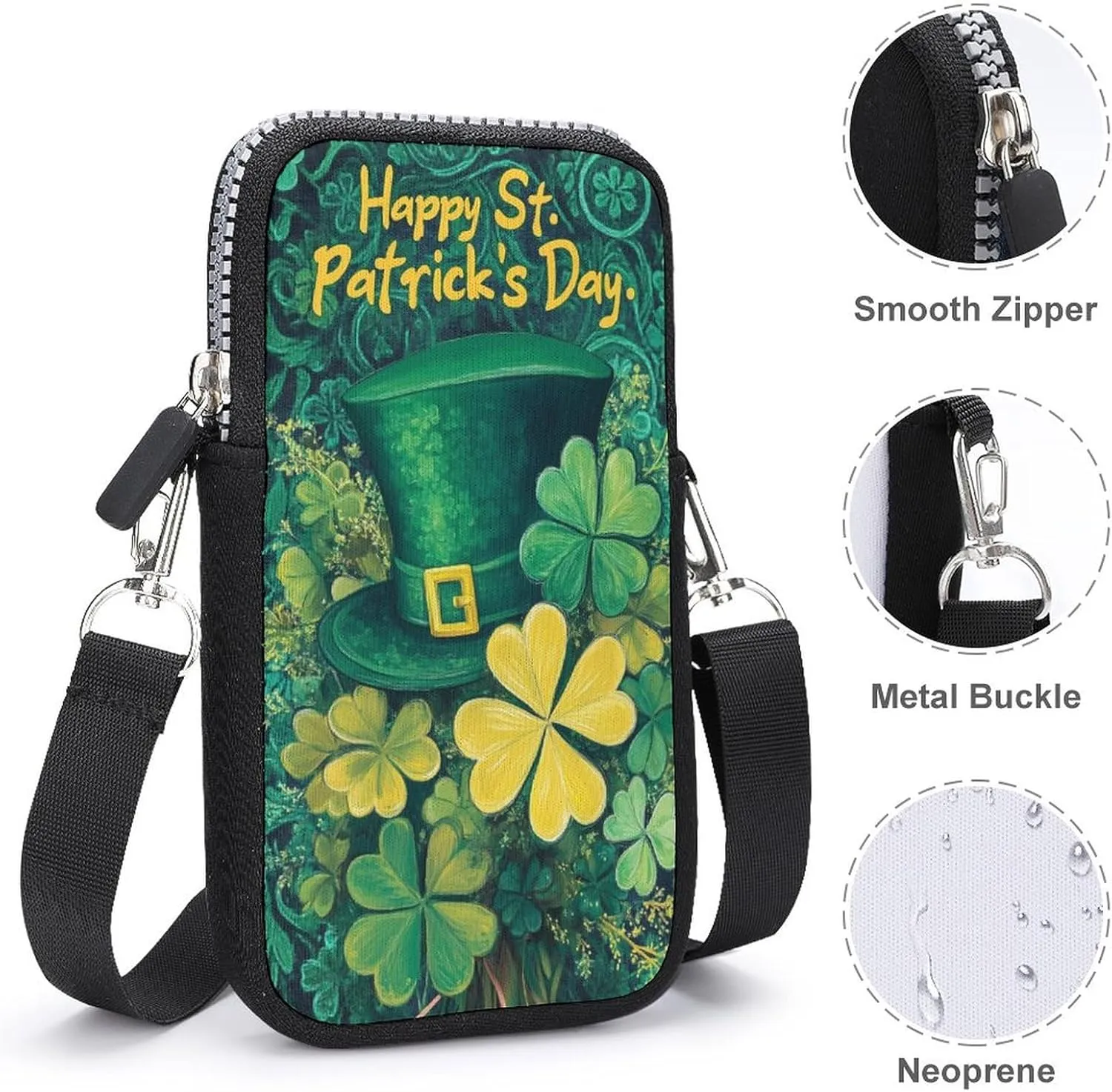 St. Patricks Day Green Bow with Shamrock Crossbody Mobile Phone Bag Smartphone Bag With Adjustable Strap