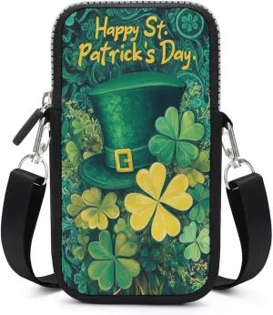 St. Patricks Day Green Bow with Shamrock Crossbody Mobile Phone Bag Smartphone Bag With Adjustable Strap