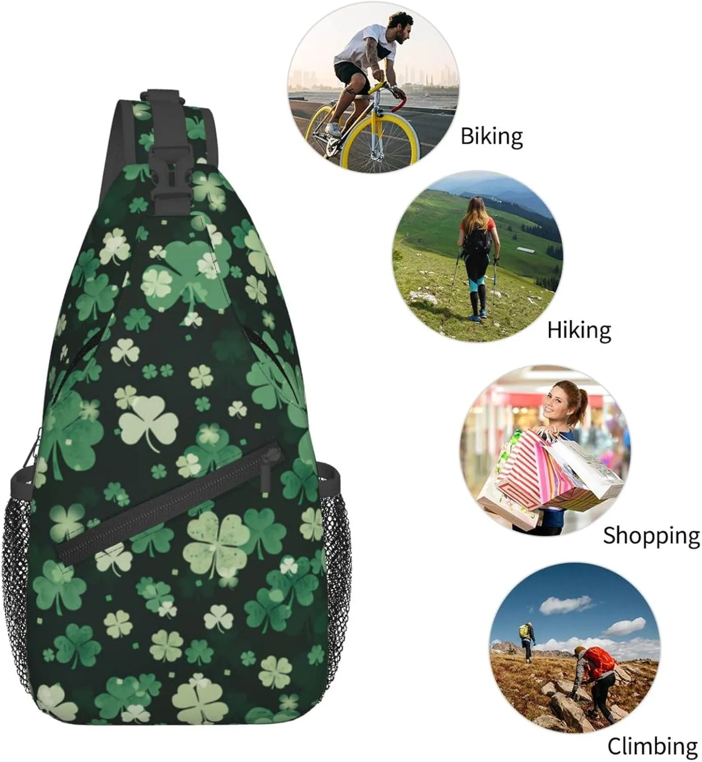 St Patricks Day Shamrock Crossbody Sling Backpack For Women Men, Fashion Adjustable Lucky Clover Chest Bag Green Shoulder Bag Sling Bag For Sport Travel Hiking Daypack