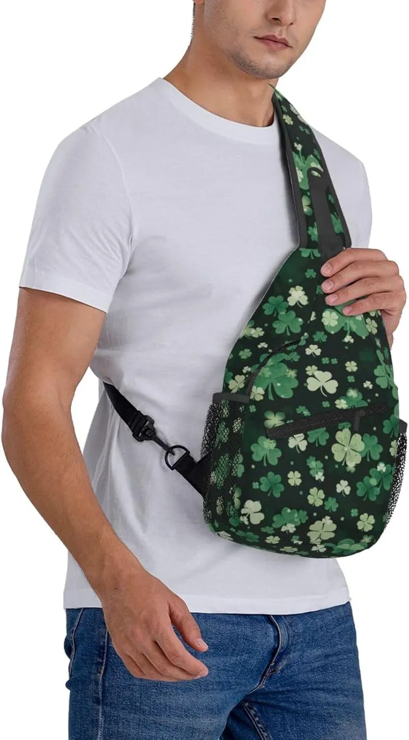 St Patricks Day Shamrock Crossbody Sling Backpack For Women Men, Fashion Adjustable Lucky Clover Chest Bag Green Shoulder Bag Sling Bag For Sport Travel Hiking Daypack