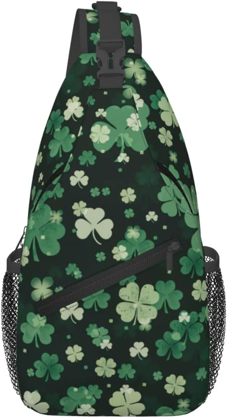 St Patricks Day Shamrock Crossbody Sling Backpack For Women Men, Fashion Adjustable Lucky Clover Chest Bag Green Shoulder Bag Sling Bag For Sport Travel Hiking Daypack