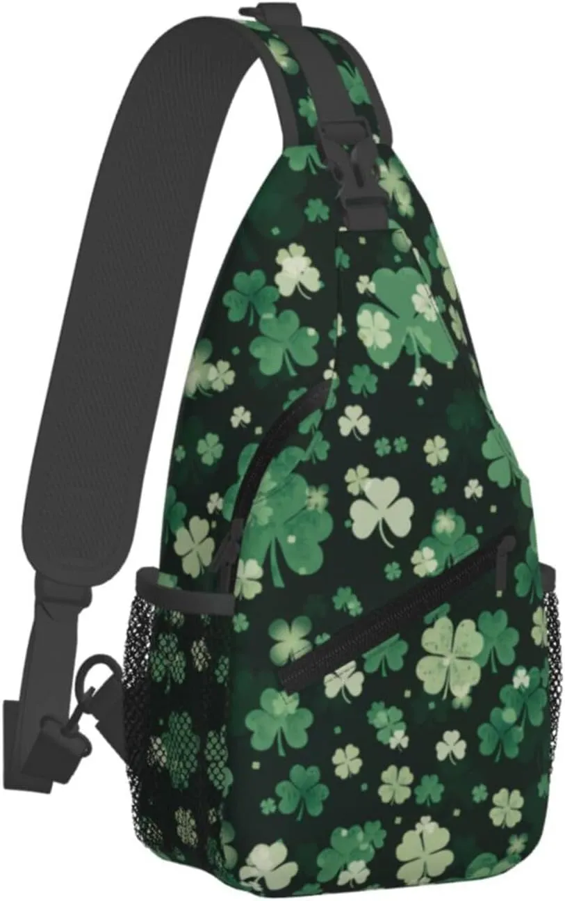 St Patricks Day Shamrock Crossbody Sling Backpack For Women Men, Fashion Adjustable Lucky Clover Chest Bag Green Shoulder Bag Sling Bag For Sport Travel Hiking Daypack
