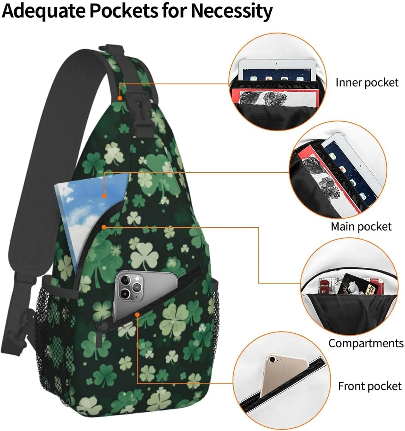 St Patricks Day Shamrock Crossbody Sling Backpack For Women Men, Fashion Adjustable Lucky Clover Chest Bag Green Shoulder Bag Sling Bag For Sport Travel Hiking Daypack