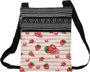 Strawberry Messenger Bag Small Ethnic Pattern Printed Adjustable Strap Crossbody Zipper Bag Strawberry Phone Bag Wallet Cute Shoulder Handbag for Women