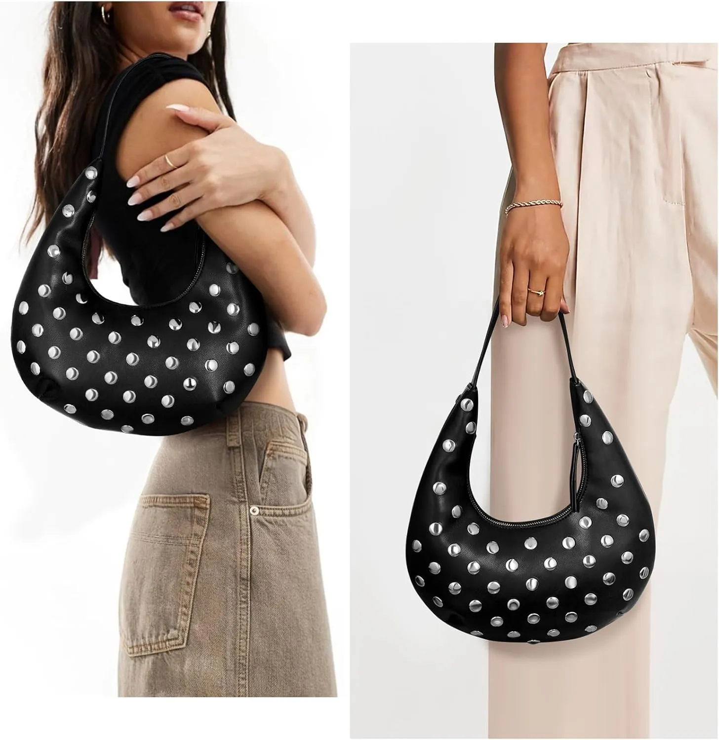 Studded Purse Y2k Bag Small Shoulder Bags for Women Trendy Crescent Studded Handbag Hobo Underarm Bag