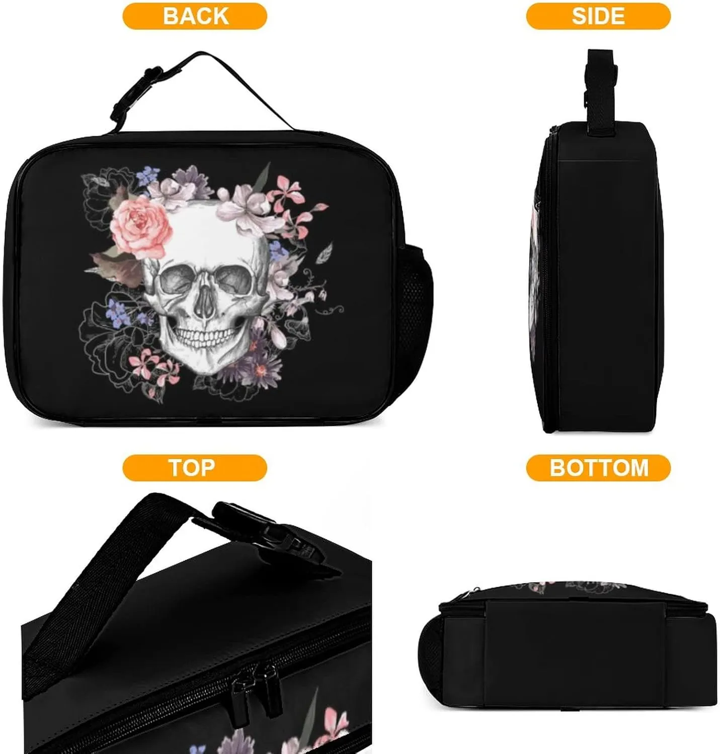 Sugar Skull Flower Reusable Lunch Box Insulated Lunch Bag Cooler Bag Lunchbox Meal Food Container Tote Bag for Women Kids Girls Boy School Camping Hiking Picnic Beach Travel