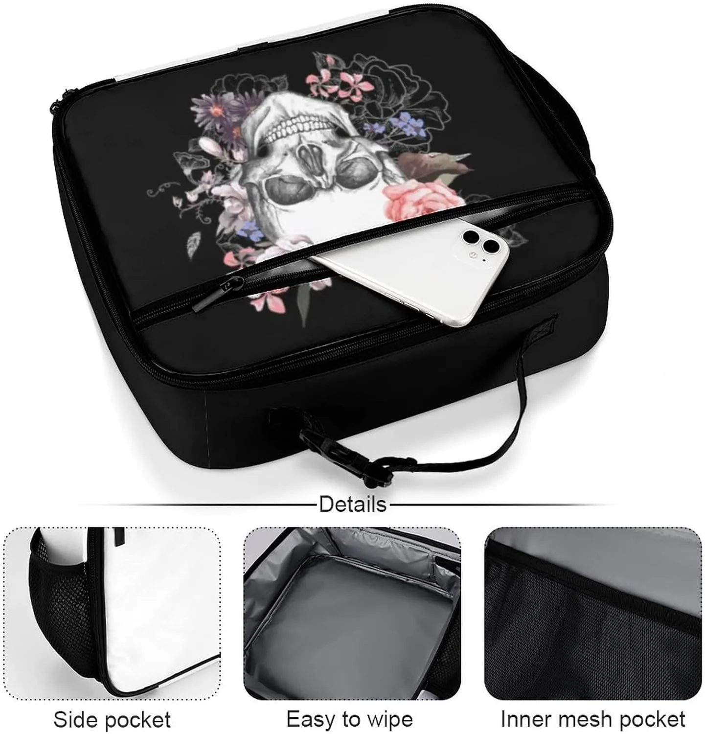 Sugar Skull Flower Reusable Lunch Box Insulated Lunch Bag Cooler Bag Lunchbox Meal Food Container Tote Bag for Women Kids Girls Boy School Camping Hiking Picnic Beach Travel