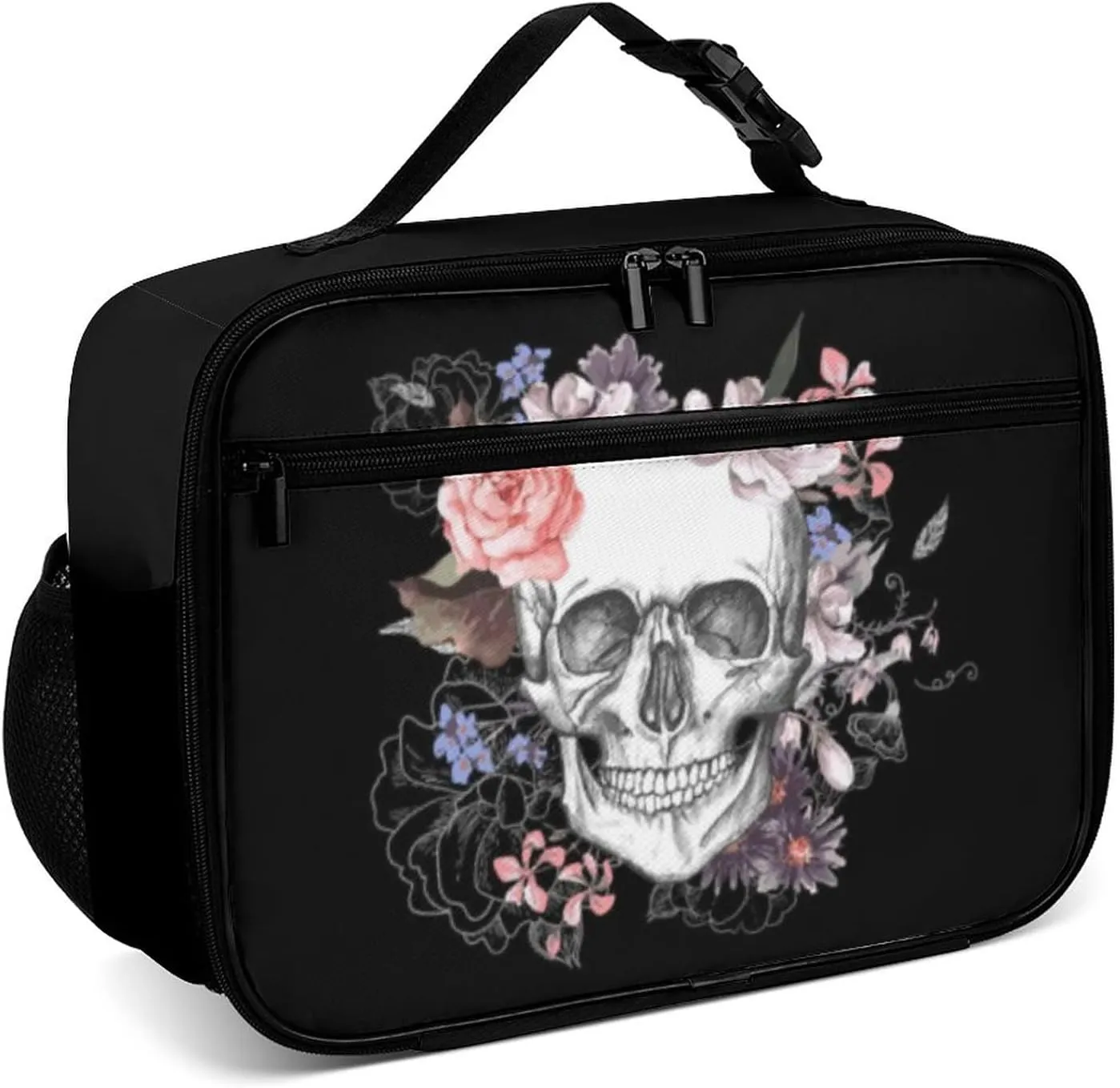Sugar Skull Flower Reusable Lunch Box Insulated Lunch Bag Cooler Bag Lunchbox Meal Food Container Tote Bag for Women Kids Girls Boy School Camping Hiking Picnic Beach Travel