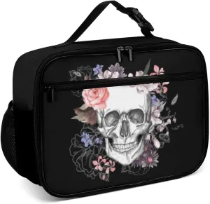Sugar Skull Flower Reusable Lunch Box Insulated Lunch Bag Cooler Bag Lunchbox Meal Food Container Tote Bag for Women Kids Girls Boy School Camping Hiking Picnic Beach Travel