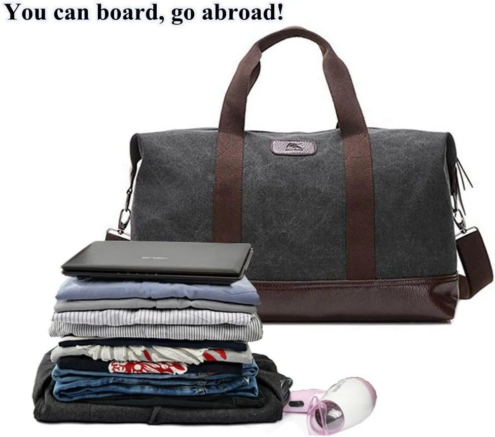 Sunshinejing Classic Weekender Overnight Duffel Bag Canvas Leather Carry on Travel Tote (Black)