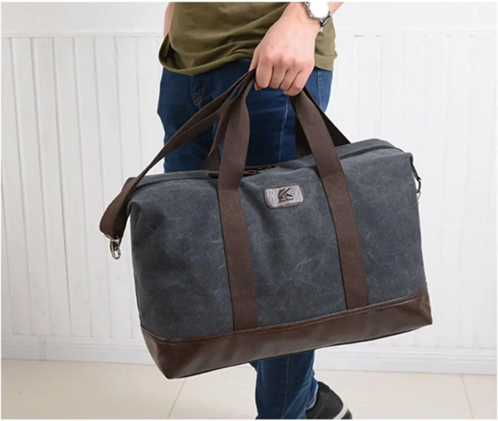 Sunshinejing Classic Weekender Overnight Duffel Bag Canvas Leather Carry on Travel Tote (Black)