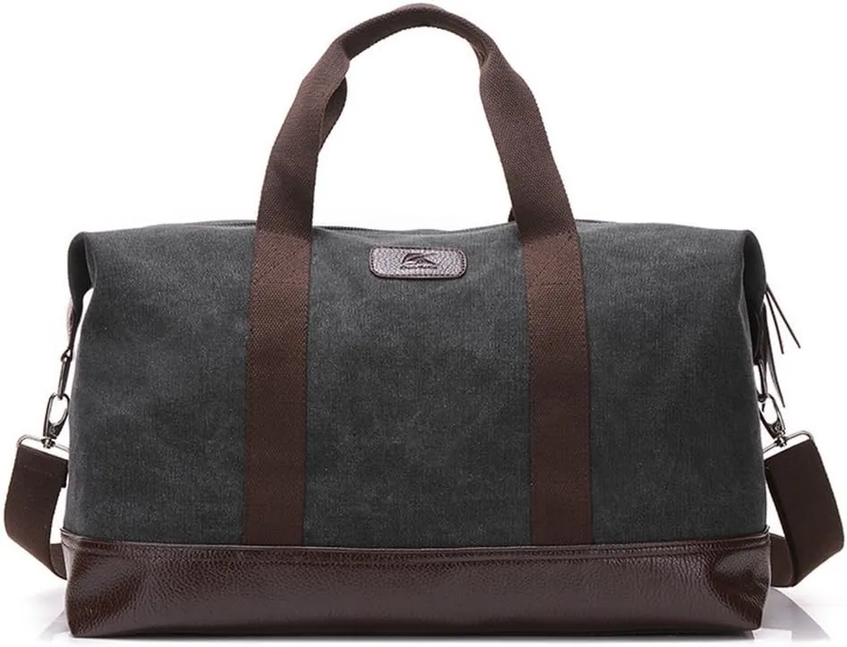 Sunshinejing Classic Weekender Overnight Duffel Bag Canvas Leather Carry on Travel Tote (Black)