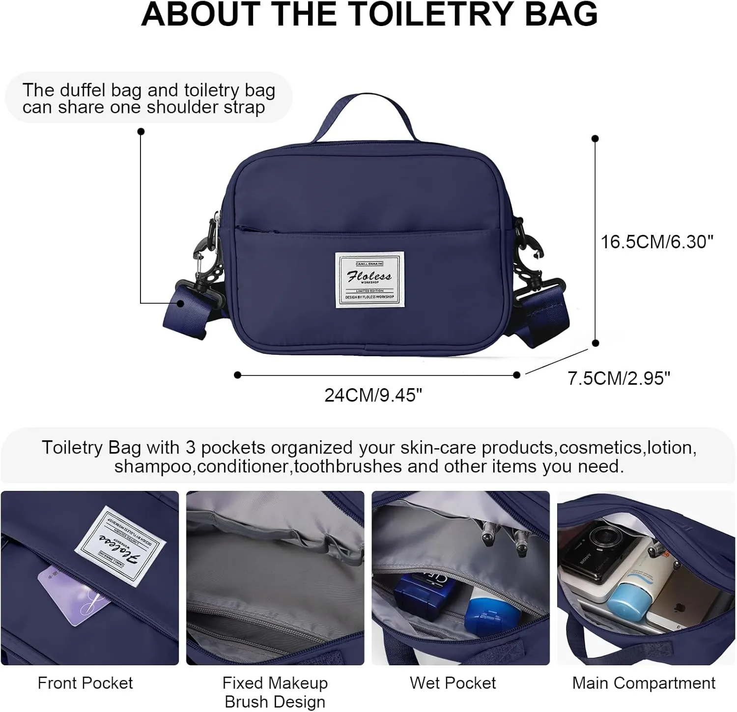 Travel Duffel Bag with Toiletry Bag, Sports Tote Gym Bag, Shoulder Weekender Overnight Bag for WomenDark Blue