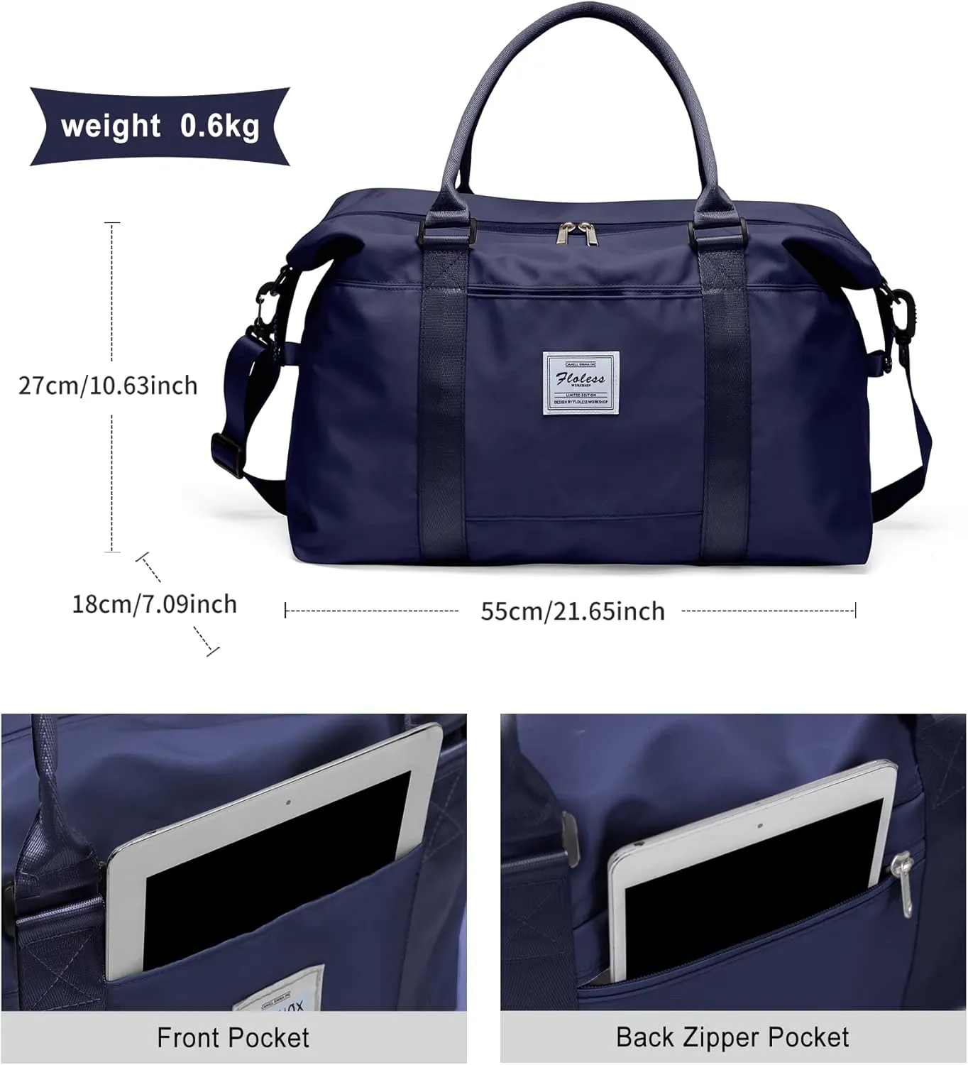 Travel Duffel Bag with Toiletry Bag, Sports Tote Gym Bag, Shoulder Weekender Overnight Bag for WomenDark Blue