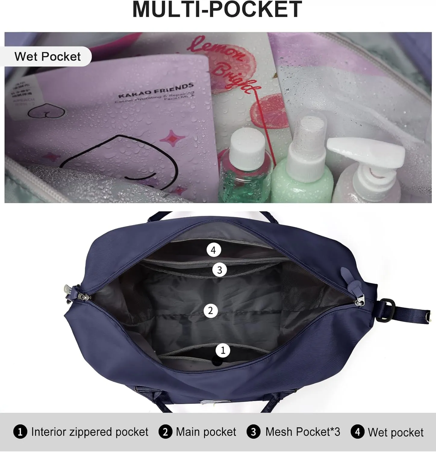 Travel Duffel Bag with Toiletry Bag, Sports Tote Gym Bag, Shoulder Weekender Overnight Bag for WomenDark Blue