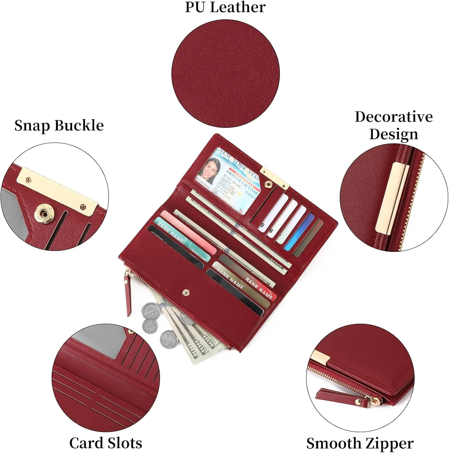 Wallet Women Leather RFID Blocking Large Capacity Credit Card Holder Bifold Long Ladies Purse with Zipper Pocket
