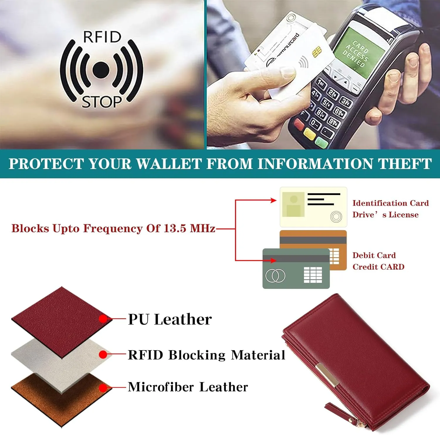 Wallet Women Leather RFID Blocking Large Capacity Credit Card Holder Bifold Long Ladies Purse with Zipper Pocket