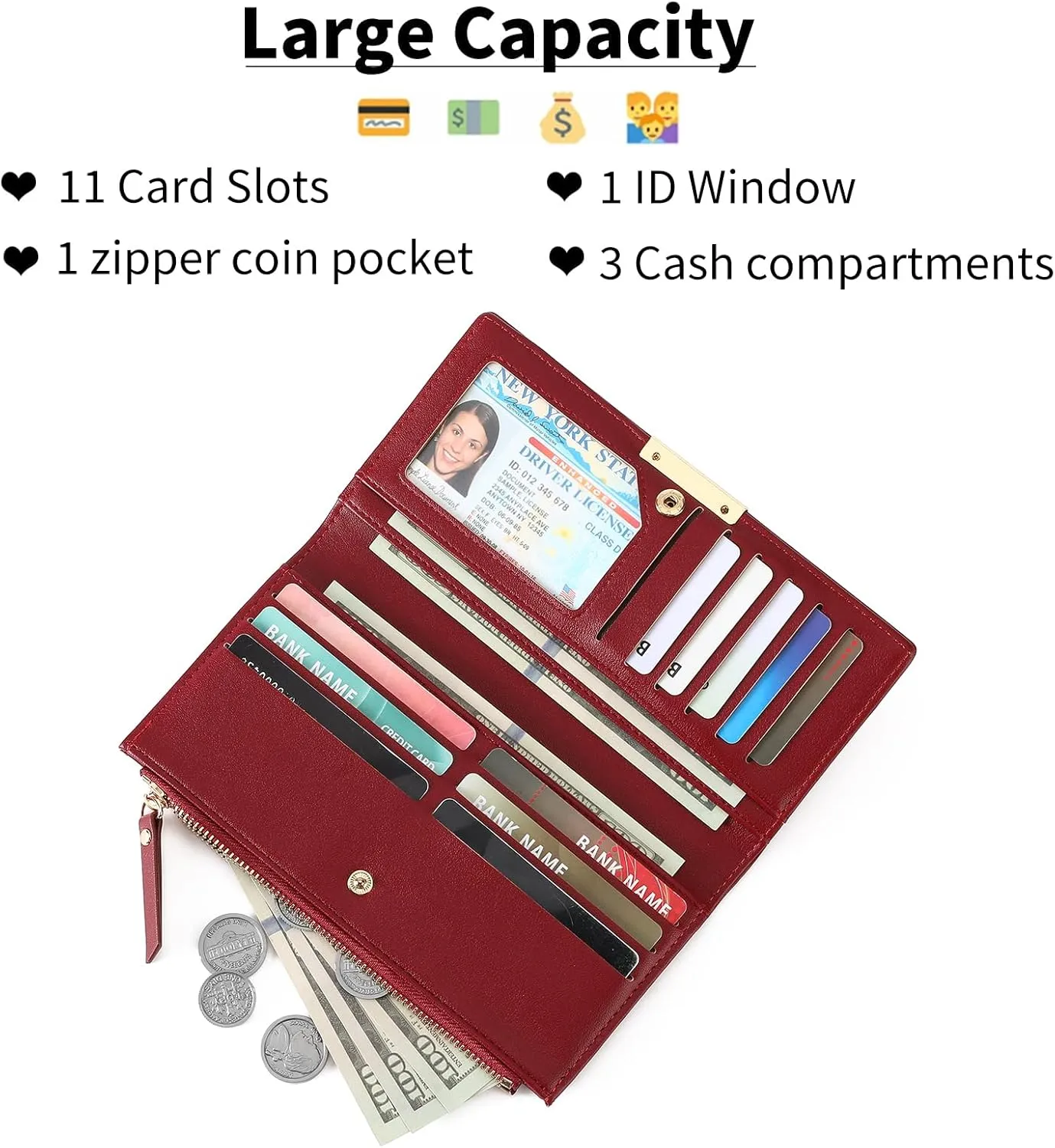 Wallet Women Leather RFID Blocking Large Capacity Credit Card Holder Bifold Long Ladies Purse with Zipper Pocket