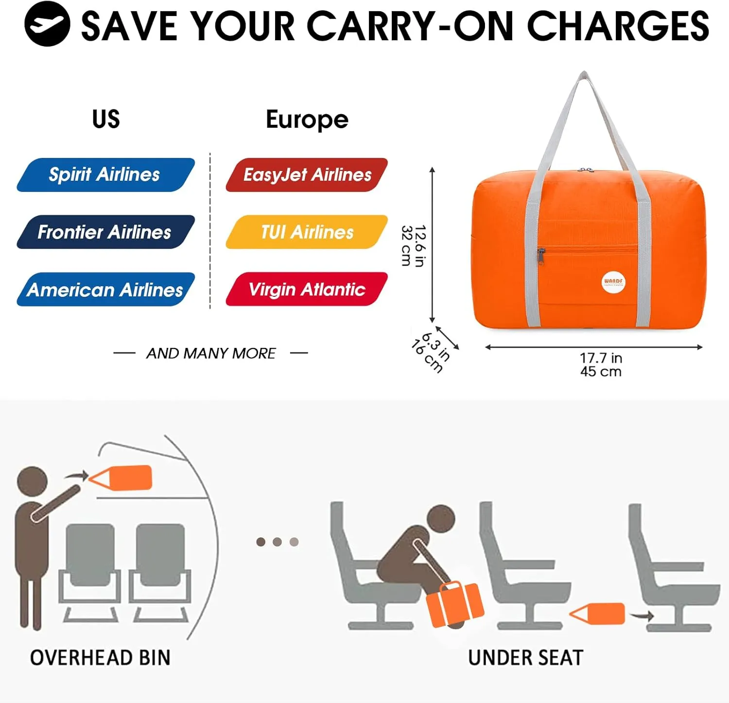 WANDF For Spirit Airlines Personal Item Bag 18x14x8 Travel Duffel Bag Underseat Foldable Carry-on Luggage for Women