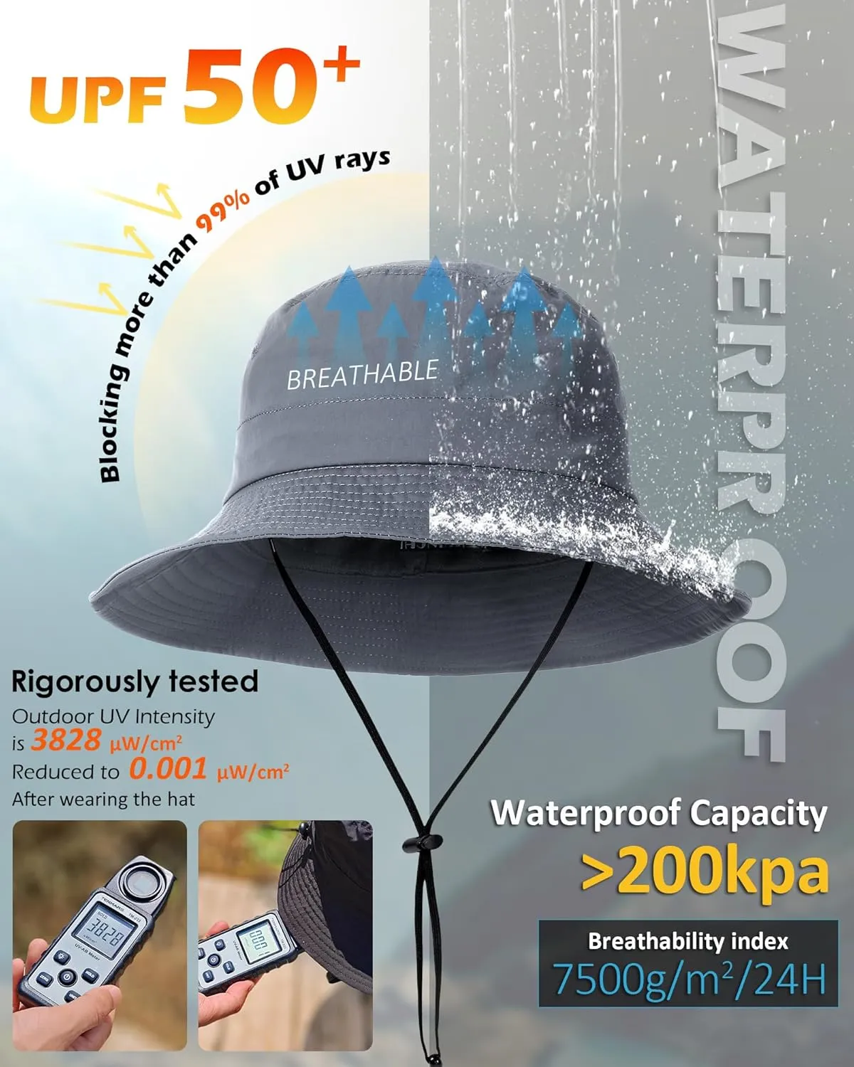 Waterproof Bucket Hat for Women Men Rain Hat UPF 50  Wide Brim Boonie Sun Hat Foldable Summer Floppy Beach Fishing Safari Hat