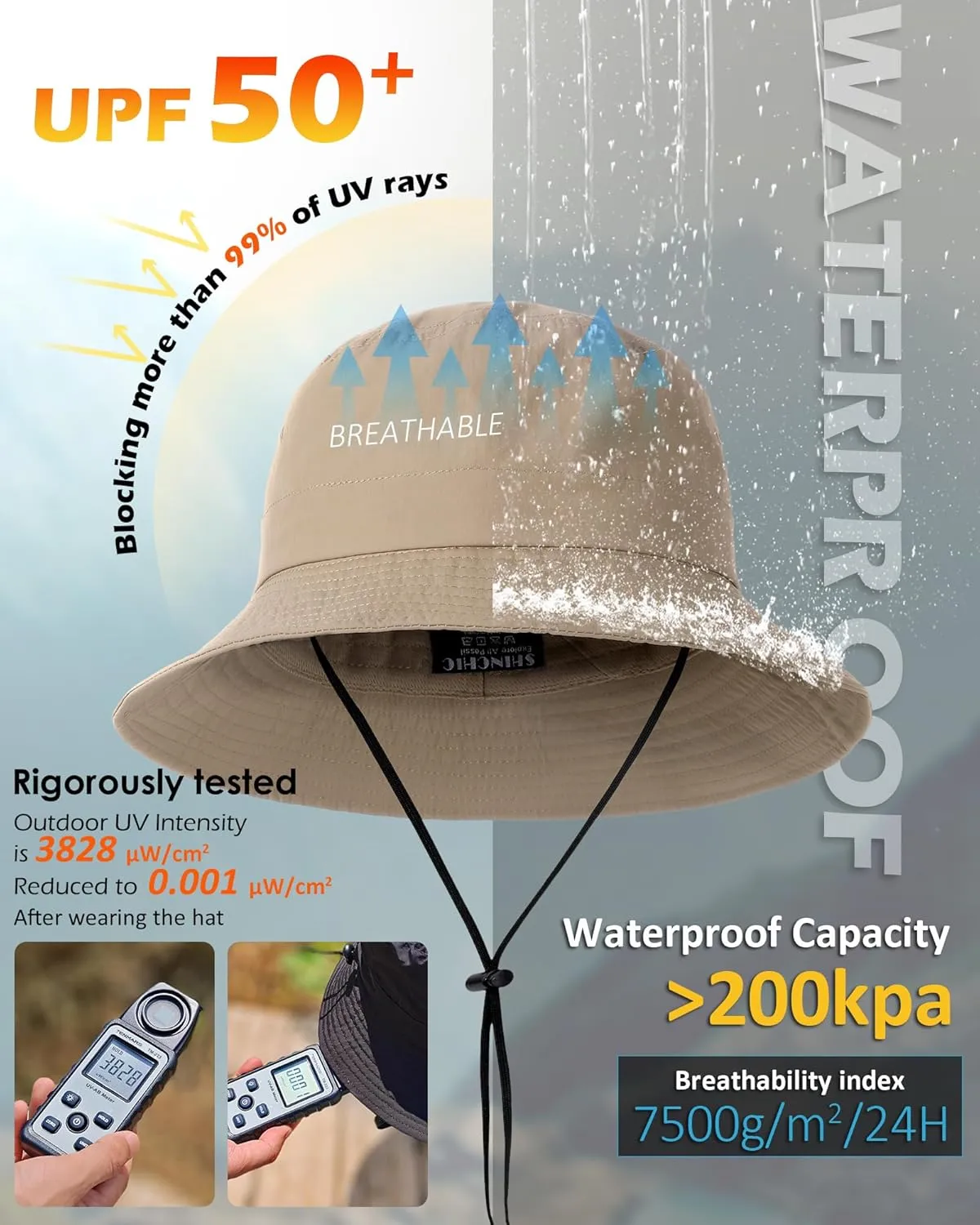 Waterproof Bucket Hat for Women Men Rain Hat UPF 50  Wide Brim Boonie Sun Hat Foldable Summer Floppy Beach Fishing Safari Hat