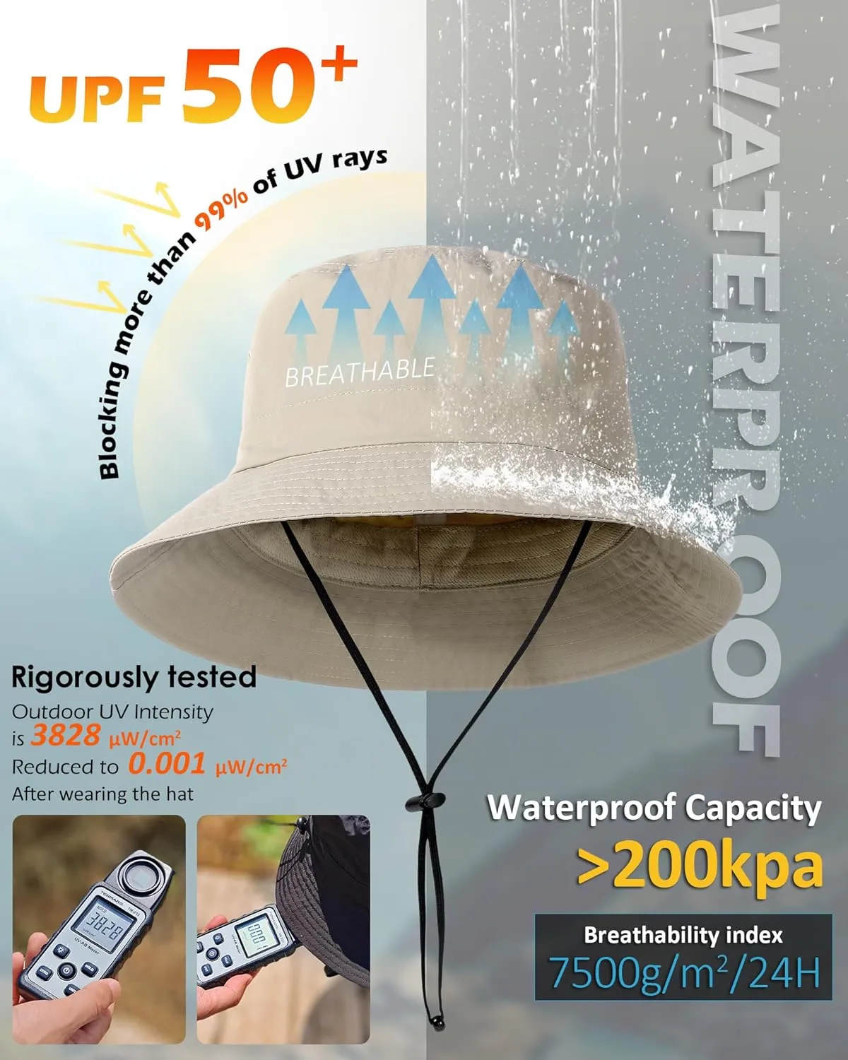 Waterproof Bucket Hat for Women Men Rain Hat UPF 50  Wide Brim Boonie Sun Hat Foldable Summer Floppy Beach Fishing Safari Hat