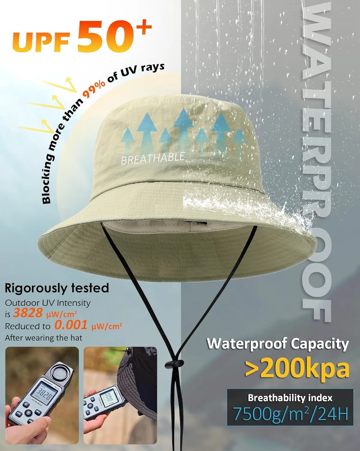 Waterproof Bucket Hat for Women Men Rain Hat UPF 50  Wide Brim Boonie Sun Hat Foldable Summer Floppy Beach Fishing Safari Hat