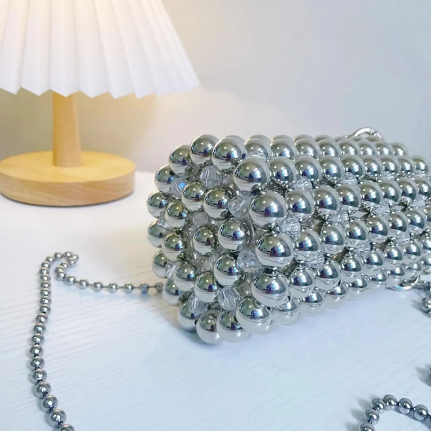 white pearl Women Beaded crossbody purse Evening Bucket Handmade Bags with DustBag for Wedding Party banquet