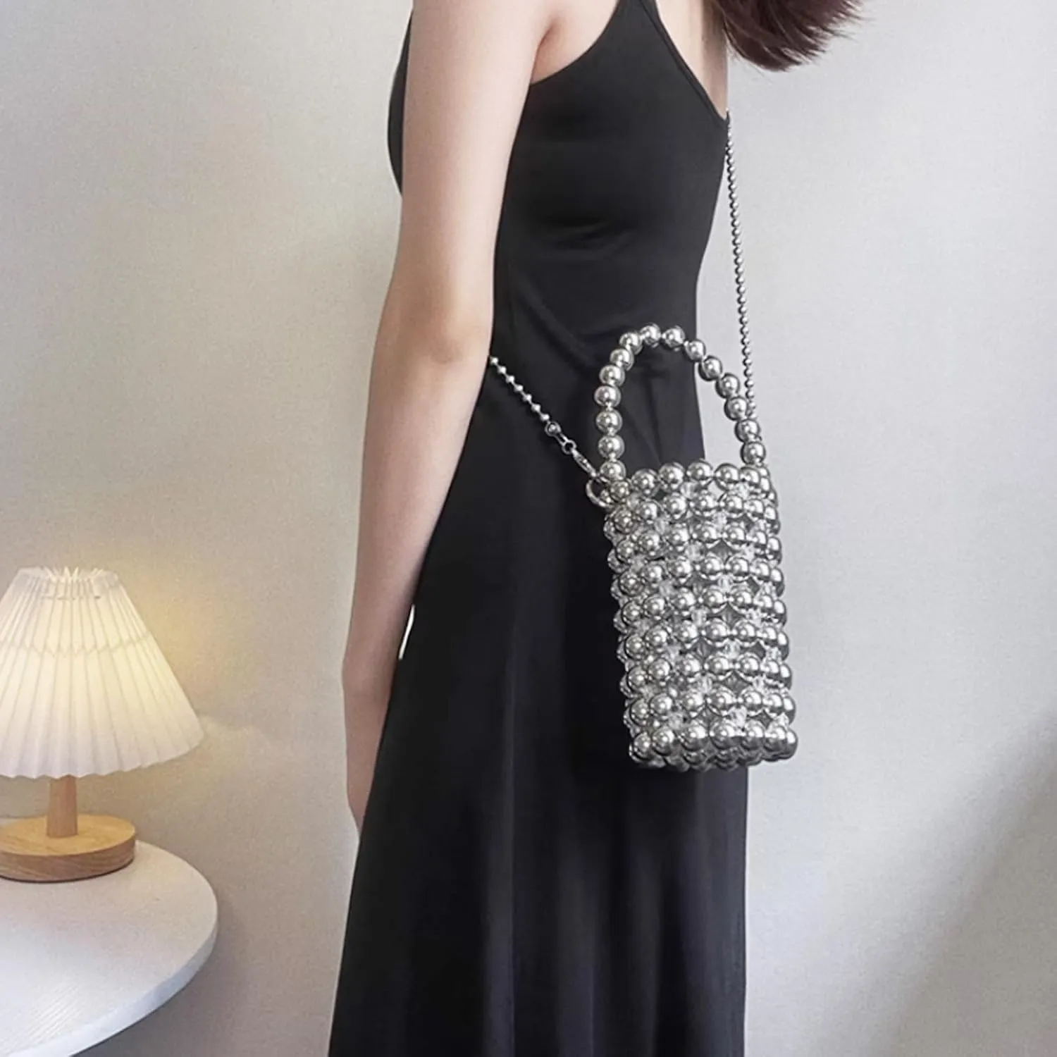 white pearl Women Beaded crossbody purse Evening Bucket Handmade Bags with DustBag for Wedding Party banquet