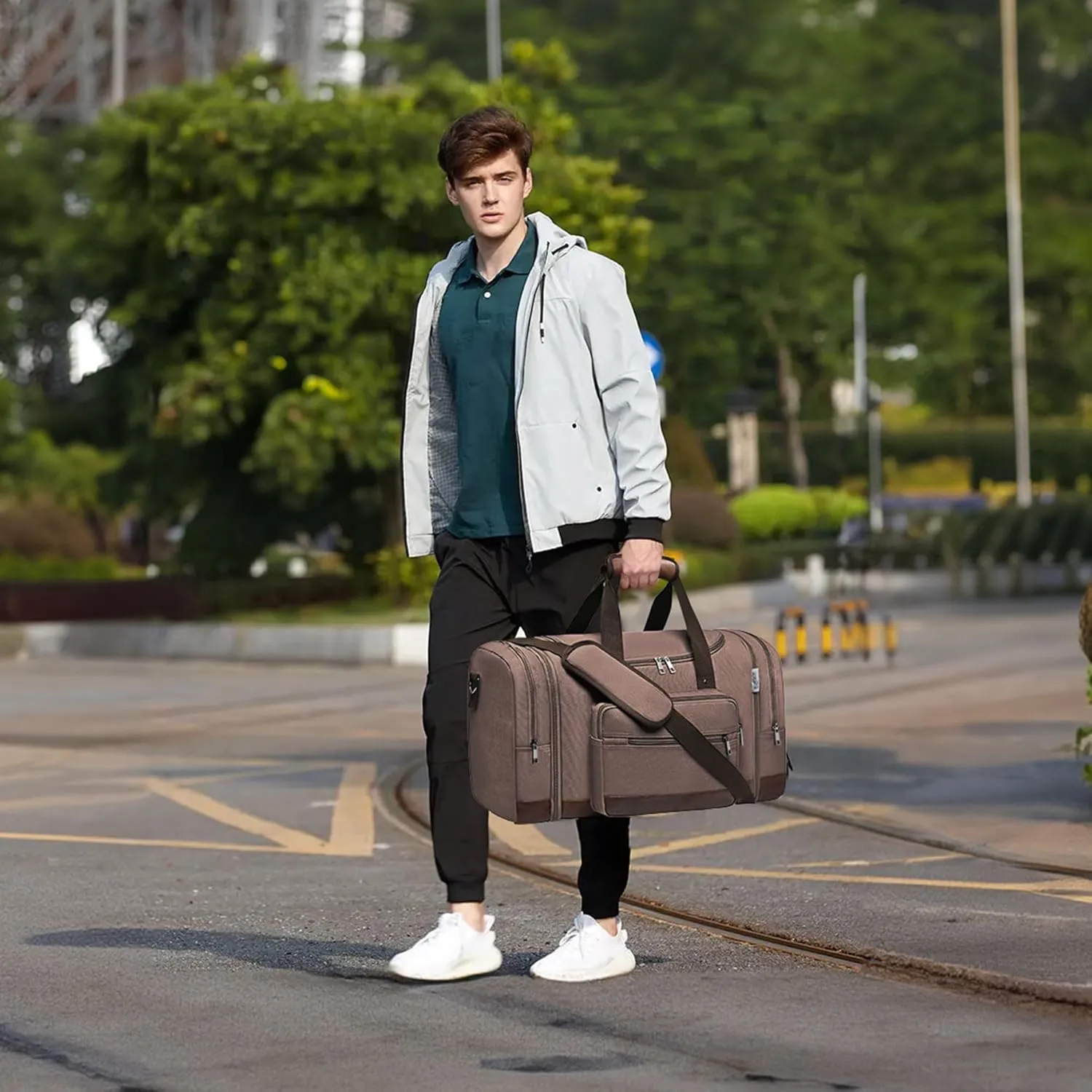 Wolhbege Duffle Bag for Travel,Mens Travel Bag & Carry On Bag for Men with Expandable Design and Luggage Sleeve Duffel Bag for Gym, Weekender, Overnight Trips Brown